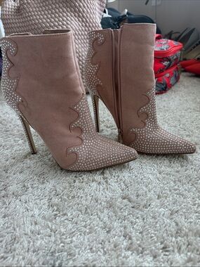 JustFab Blush Pink Rhinestone Pointed Stiletto Ankle Boots